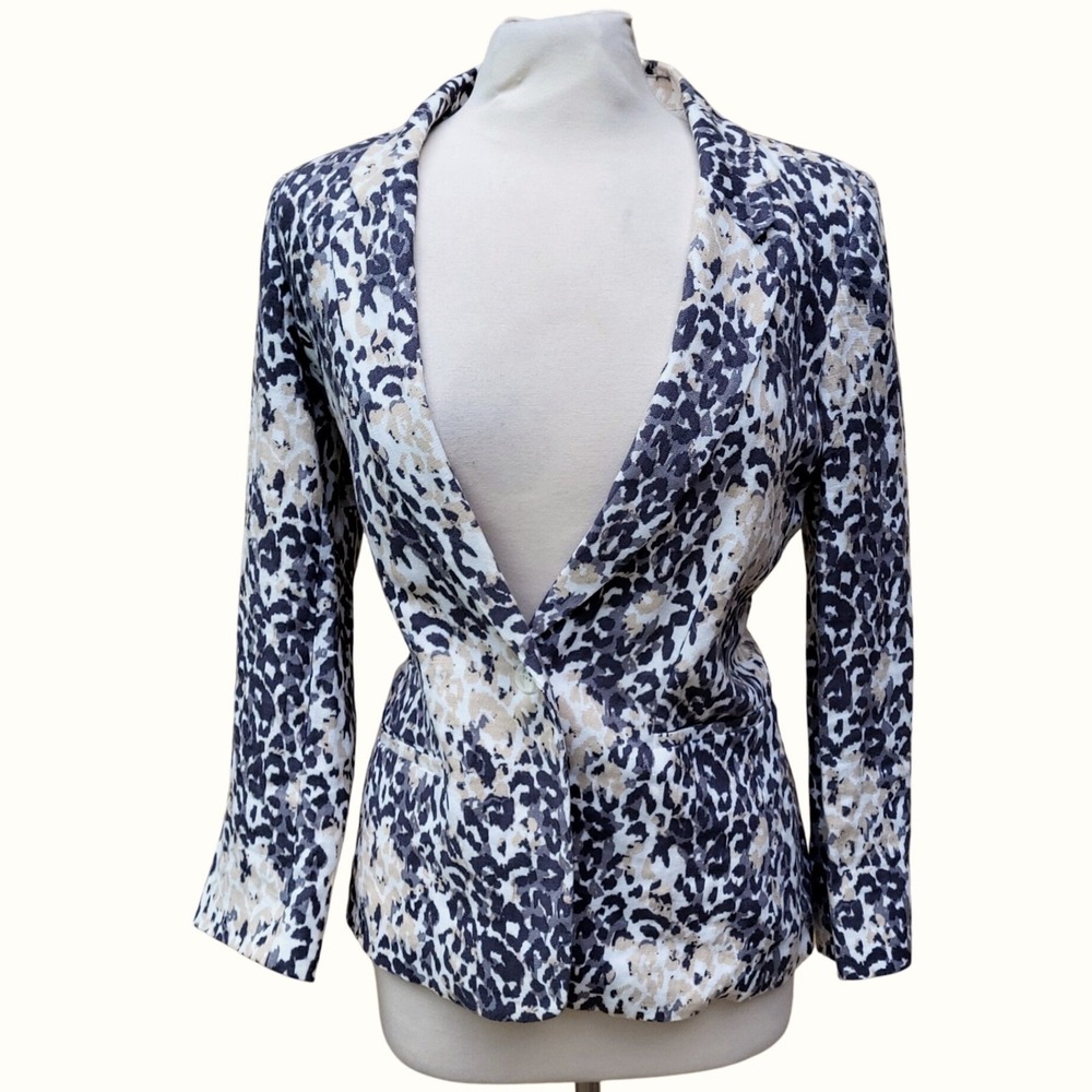 Joie Mehira Leopard Cheetah Gray Cream Print Linen Blazer Jacket - 12